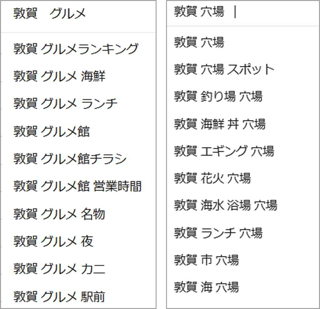 敦賀のグルメや穴場の検索に関するGoogleサジェストの結果