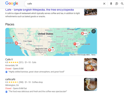 アメリカに位置情報を変えてcafeを検索した結果