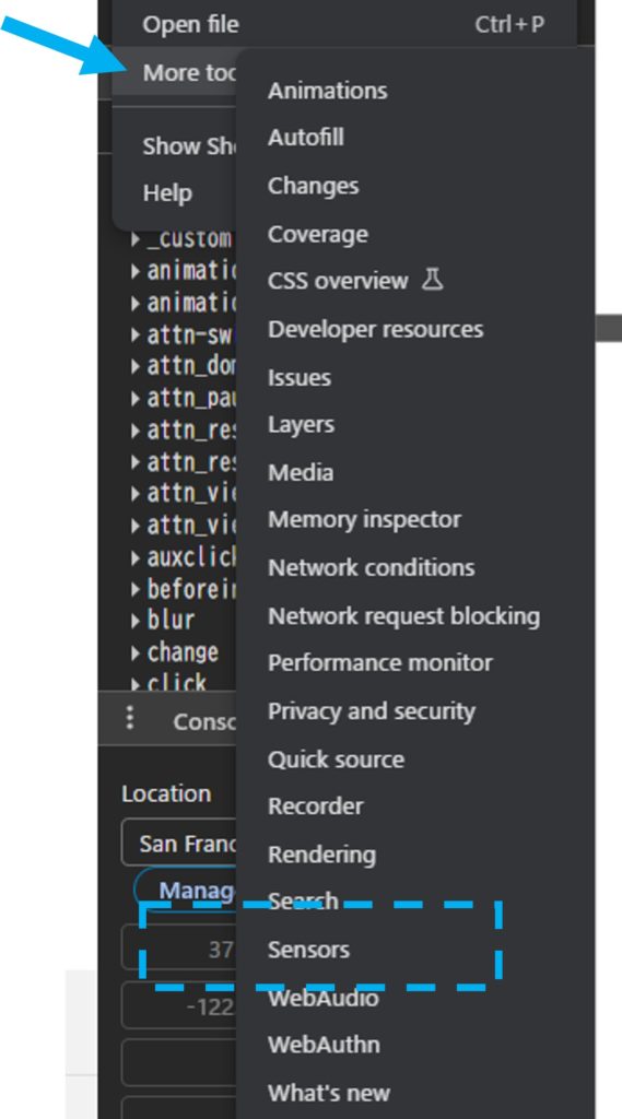 デベロッパーモードでsensorsを選択
